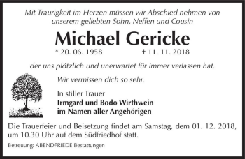 Traueranzeige von Michael Gericke  von Magdeburger Volksstimme