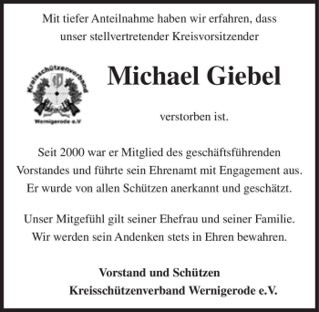 Traueranzeige von Michael Giebel  von Magdeburger Volksstimme