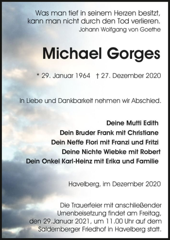 Traueranzeige von Michael Gorges  von Magdeburger Volksstimme