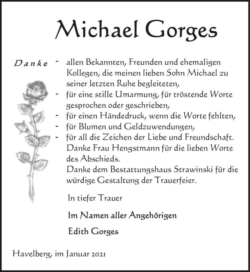  Traueranzeige für Michael Gorges  vom 06.02.2021 aus Magdeburger Volksstimme