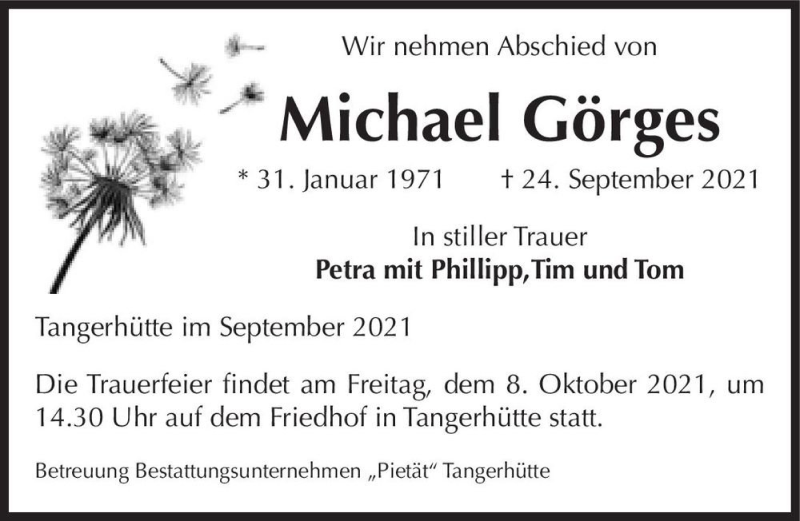  Traueranzeige für Michael Görges  vom 30.09.2021 aus Magdeburger Volksstimme