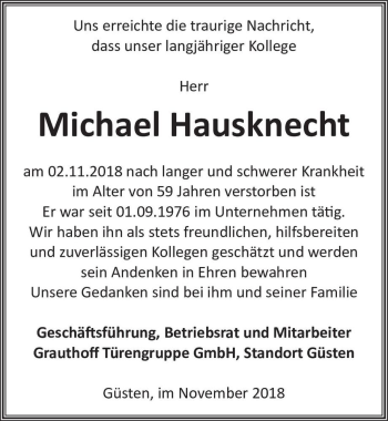 Traueranzeige von Michael Hausknecht  von Magdeburger Volksstimme