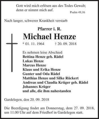 Traueranzeige von Michael Henze  von Magdeburger Volksstimme