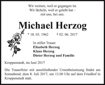Traueranzeige von Michael Herzog  von Magdeburger Volksstimme