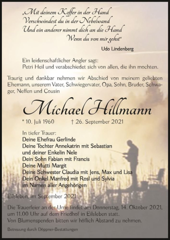 Traueranzeige von Michael Hillmann  von Magdeburger Volksstimme