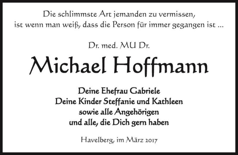  Traueranzeige für Michael Hoffmann  vom 15.03.2017 aus Magdeburger Volksstimme