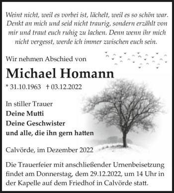 Traueranzeige von Michael Homann  von Magdeburger Volksstimme