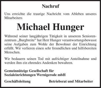 Traueranzeige von Michael Hunger  von Magdeburger Volksstimme