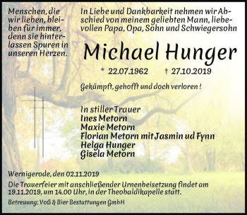 Traueranzeige von Michael Hunger  von Magdeburger Volksstimme