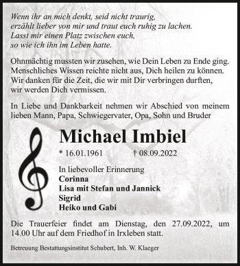 Traueranzeige von Michael Imbiel  von Magdeburger Volksstimme