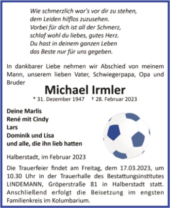 Traueranzeige von Michael Irmler  von Magdeburger Volksstimme