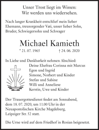 Traueranzeige von Michael Kamieth  von Magdeburger Volksstimme