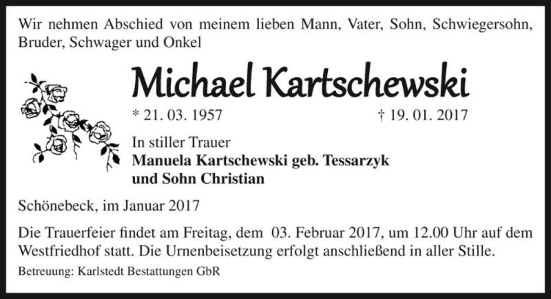  Traueranzeige für Michael Kartschewski  vom 28.01.2017 aus Magdeburger Volksstimme