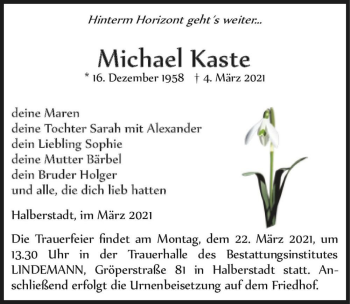 Traueranzeige von Michael Kaste  von Magdeburger Volksstimme