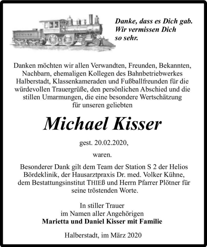  Traueranzeige für Michael Kisser  vom 14.03.2020 aus Magdeburger Volksstimme