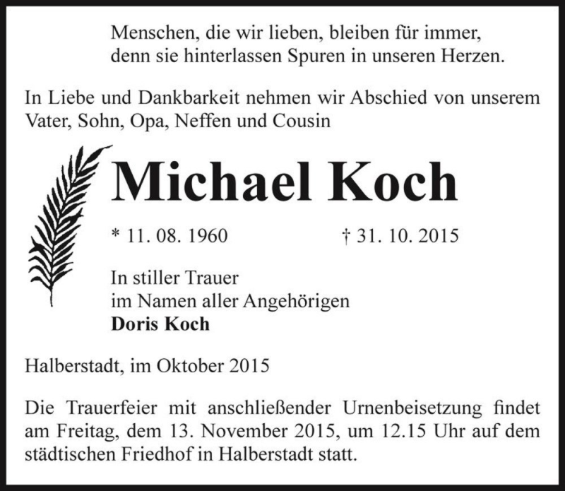  Traueranzeige für Michael Koch  vom 07.11.2015 aus Magdeburger Volksstimme