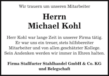 Traueranzeige von Michael Kohl  von Magdeburger Volksstimme