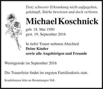 Traueranzeige von Michael Koschnick  von Magdeburger Volksstimme