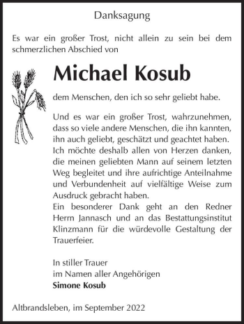 Traueranzeige von Michael Kosub  von Magdeburger Volksstimme