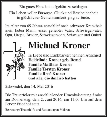 Traueranzeige von Michael Kroner  von Magdeburger Volksstimme