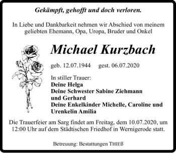 Traueranzeige von Michael Kurzbach  von Magdeburger Volksstimme