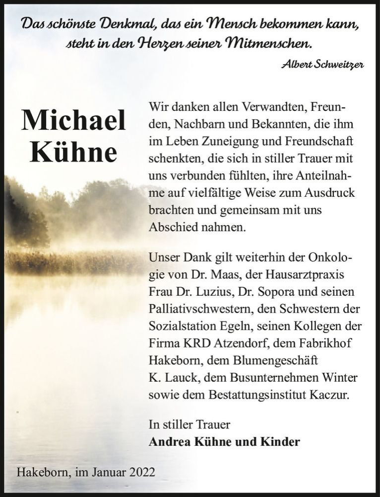  Traueranzeige für Michael Kühne  vom 11.01.2022 aus Magdeburger Volksstimme