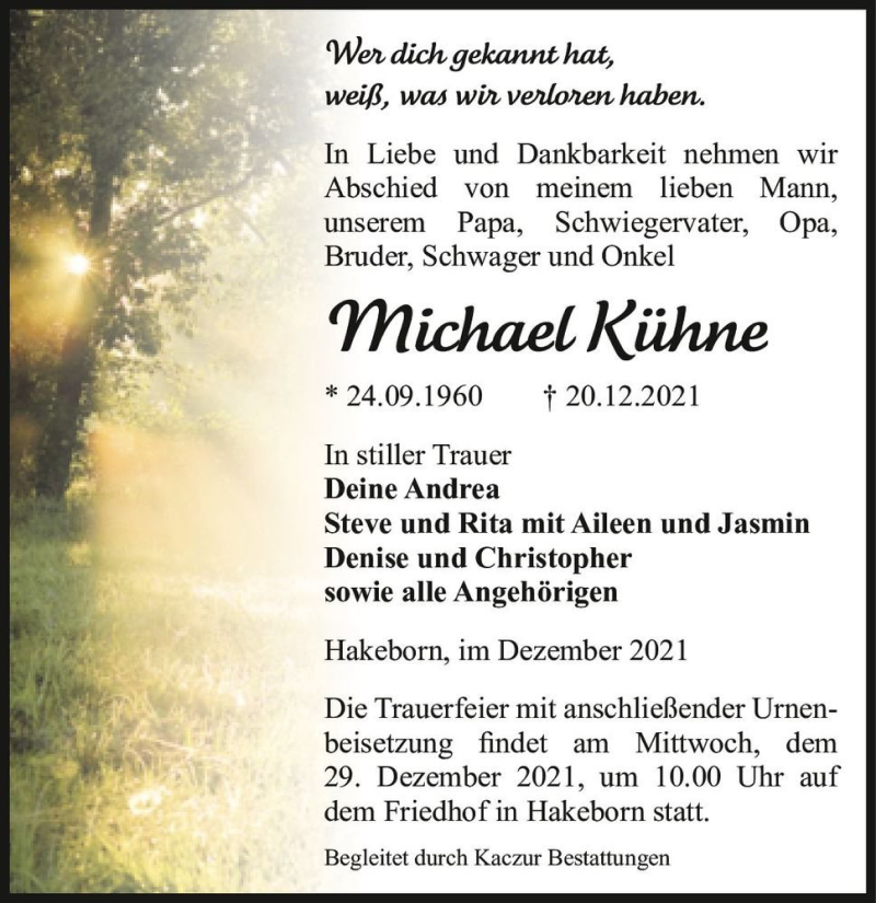  Traueranzeige für Michael Kühne  vom 23.12.2021 aus Magdeburger Volksstimme