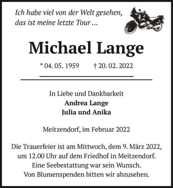 Traueranzeige von Michael Lange  von Magdeburger Volksstimme