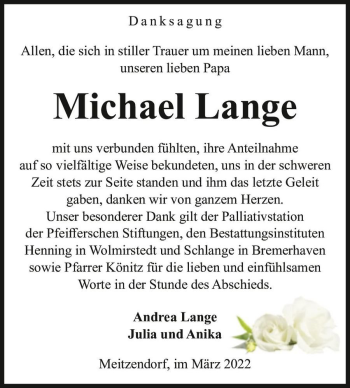 Traueranzeige von Michael Lange  von Magdeburger Volksstimme