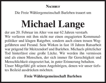 Traueranzeige von Michael Lange  von Magdeburger Volksstimme
