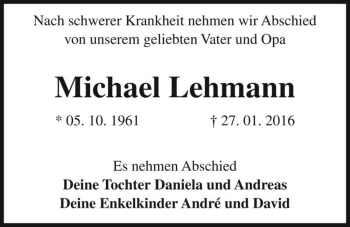 Traueranzeige von Michael Lehmann  von Magdeburger Volksstimme