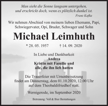 Traueranzeige von Michael Leimhuth  von Magdeburger Volksstimme
