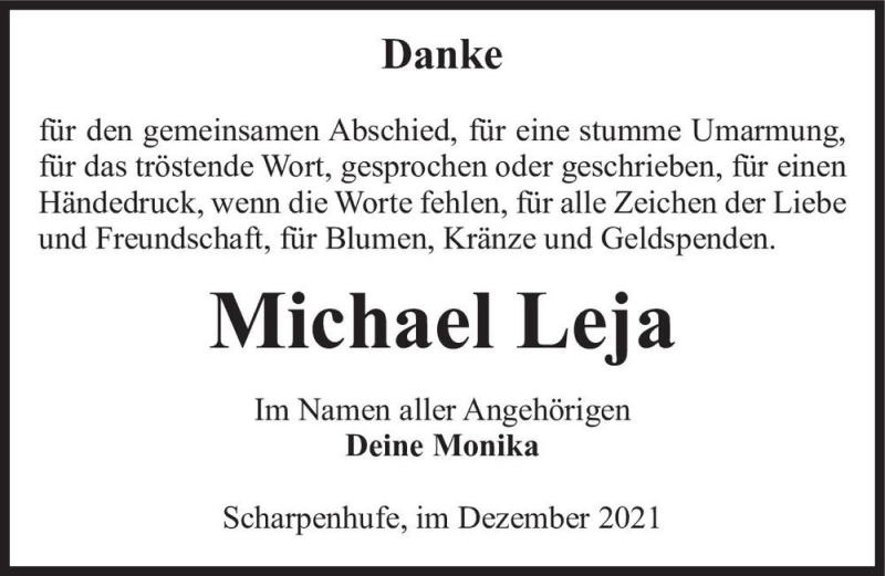  Traueranzeige für Michael Leja  vom 21.12.2021 aus Magdeburger Volksstimme