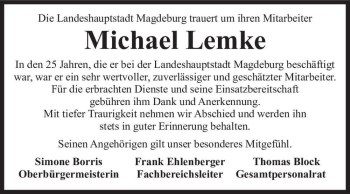 Traueranzeige von Michael Lemke  von Magdeburger Volksstimme
