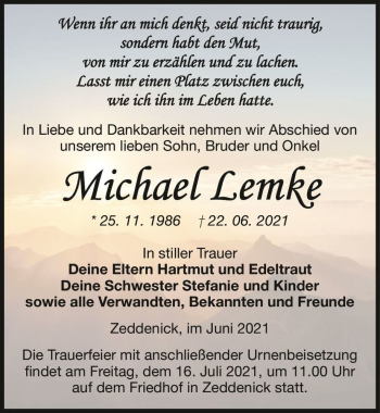 Traueranzeige von Michael Lemke  von Magdeburger Volksstimme