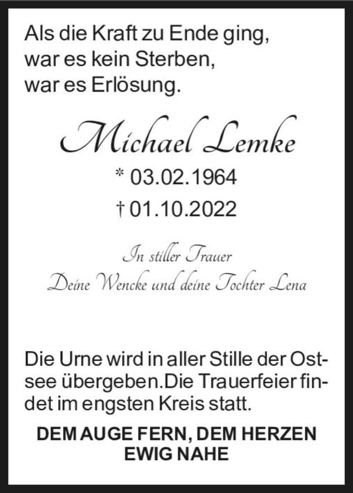  Traueranzeige für Michael Lemke  vom 10.10.2022 aus Magdeburger Volksstimme