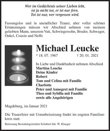 Traueranzeige von Michael Leucke  von Magdeburger Volksstimme