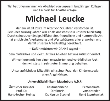 Traueranzeige von Michael Leucke  von Magdeburger Volksstimme