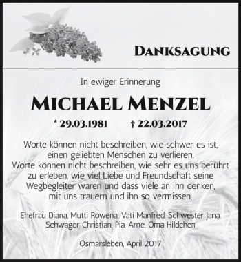 Traueranzeige von Michael Menzel  von Magdeburger Volksstimme