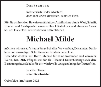 Traueranzeige von Michael Milde  von Magdeburger Volksstimme