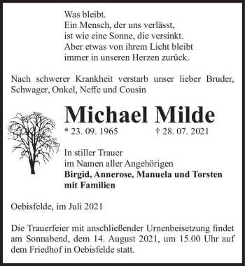 Traueranzeige von Michael Milde  von Magdeburger Volksstimme