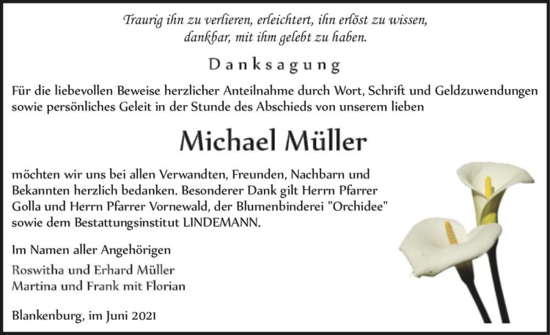  Traueranzeige für Michael Müller  vom 19.06.2021 aus Magdeburger Volksstimme