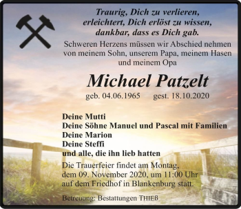 Traueranzeige von Michael Patzelt  von Magdeburger Volksstimme