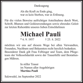 Traueranzeige von Michael Pauli  von Magdeburger Volksstimme