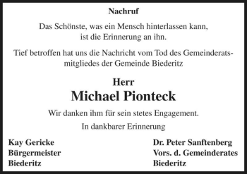 Traueranzeige von Michael Pionteck  von Magdeburger Volksstimme