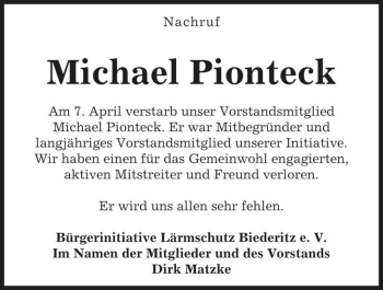 Traueranzeige von Michael Pionteck  von Magdeburger Volksstimme