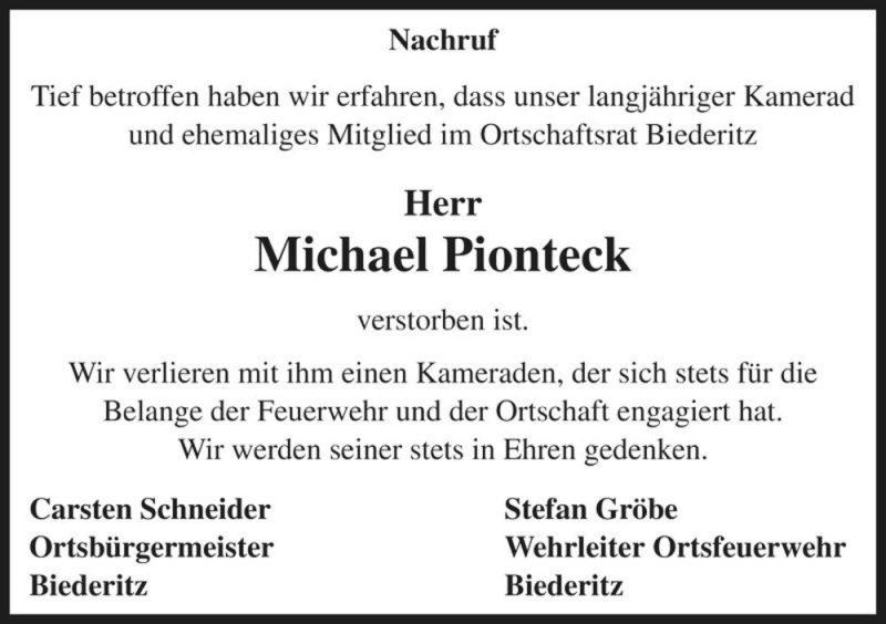 Traueranzeige für Michael Pionteck  vom 23.04.2016 aus Magdeburger Volksstimme