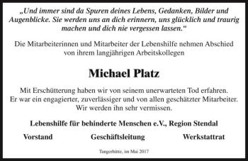 Traueranzeige von Michael Platz  von Magdeburger Volksstimme