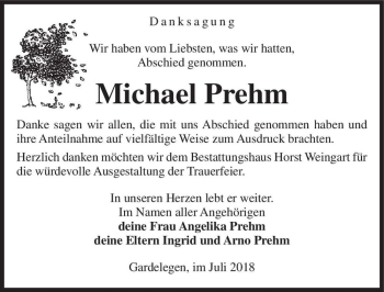 Traueranzeige von Michael Prehm  von Magdeburger Volksstimme