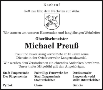 Traueranzeige von Michael Preuß  von Magdeburger Volksstimme